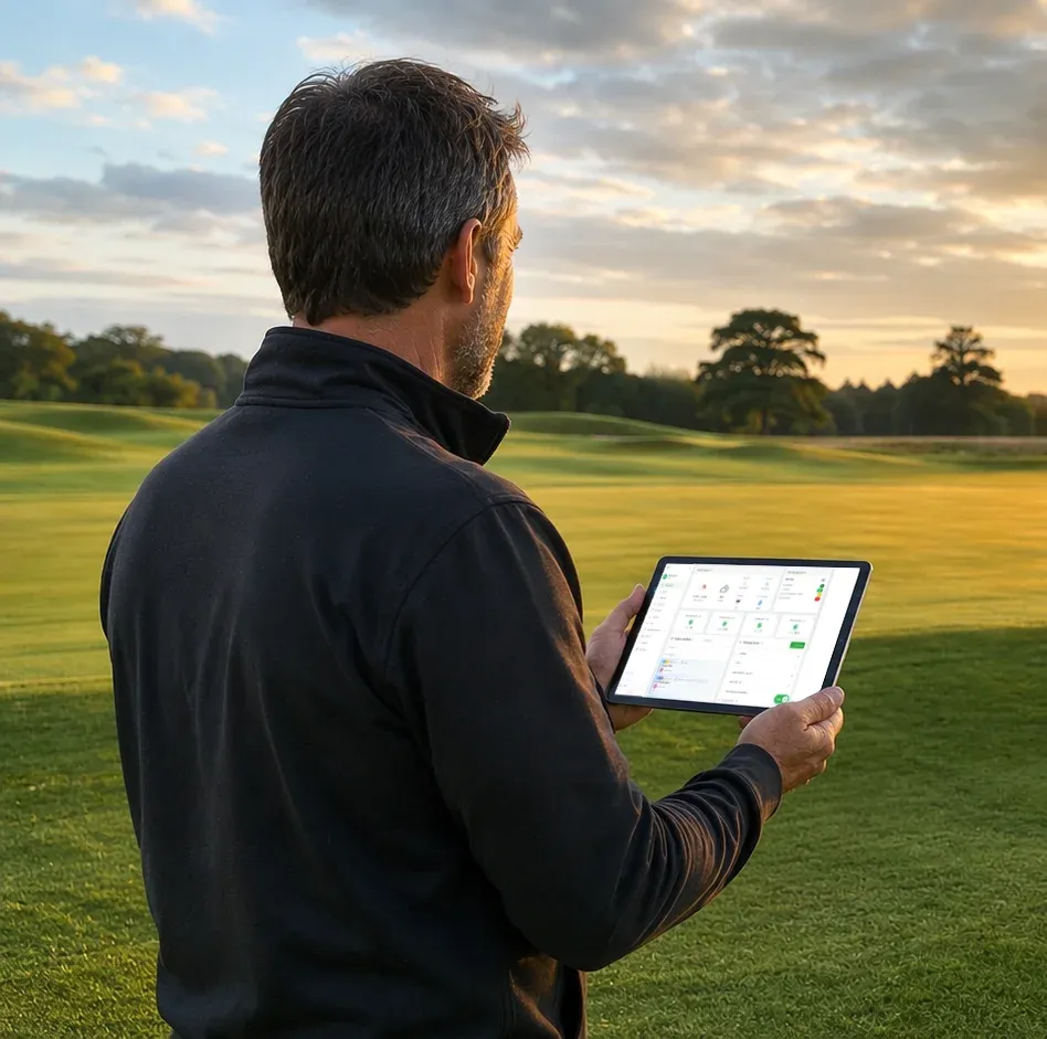 Man looking at tablet on golf course during early morning. 